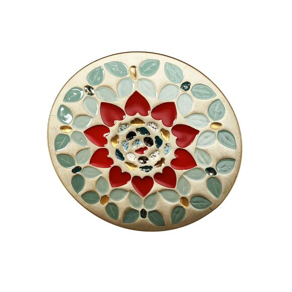 Beautiful Small Ceramic Mosaic Dish Dinnerware Hearts Leaves Gold Gilded Round - Picture 1 of 3